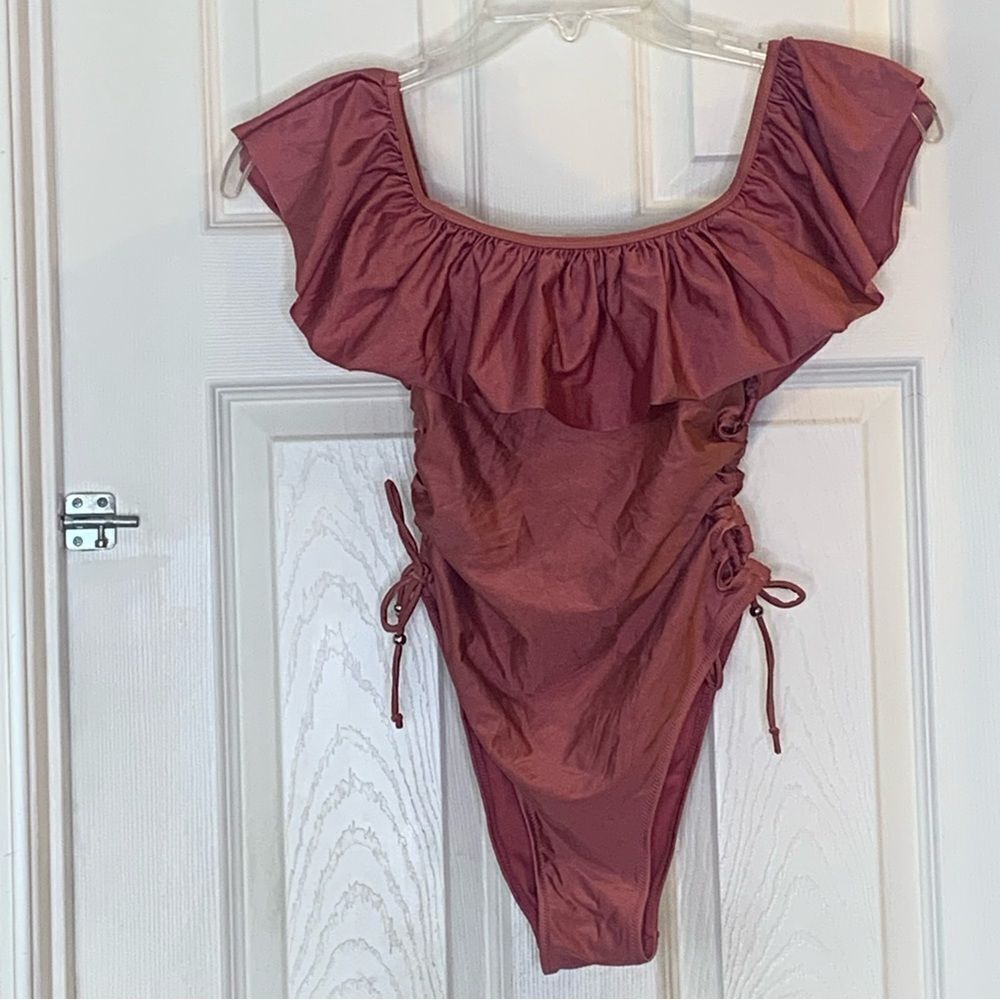 tinibikini one piece off the shoulder mauve pink size large